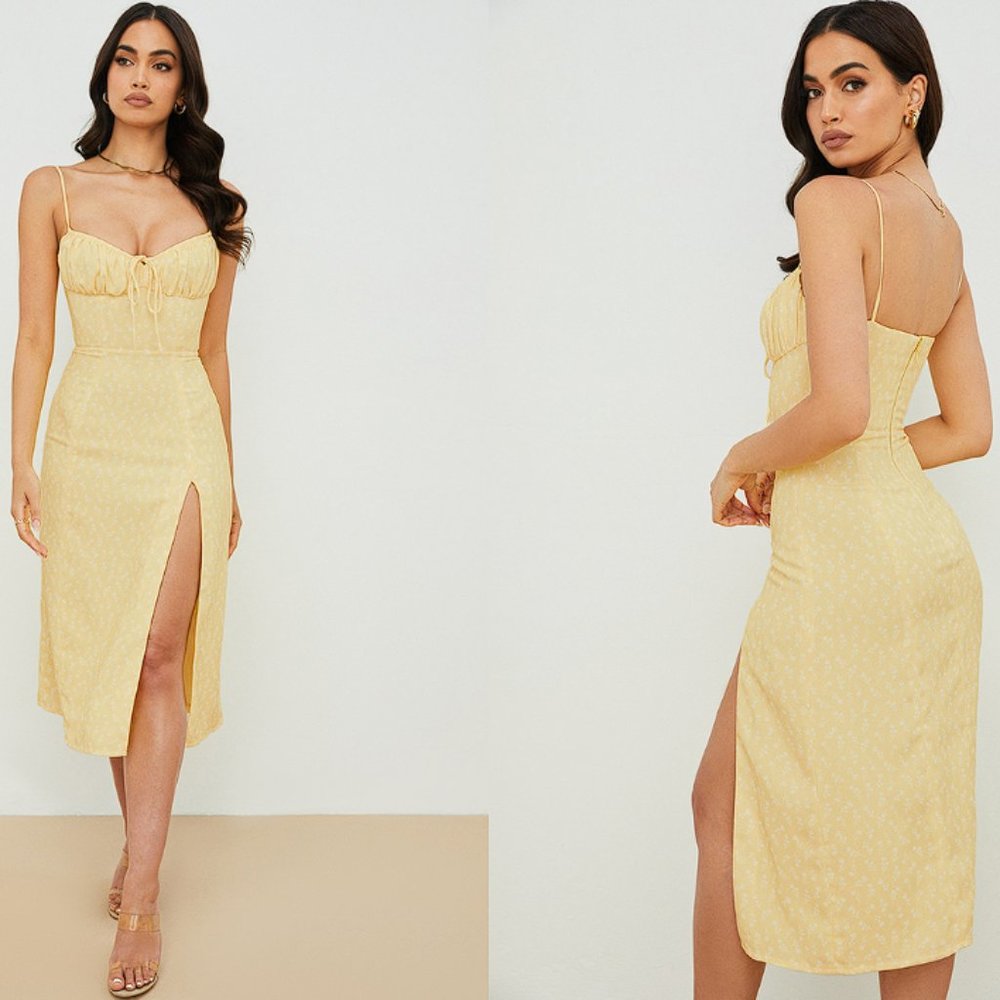 HOUSE OF CB 'Carina' Yellow Floral Bustier Midi Dress NWOT - Picture 4 of 14